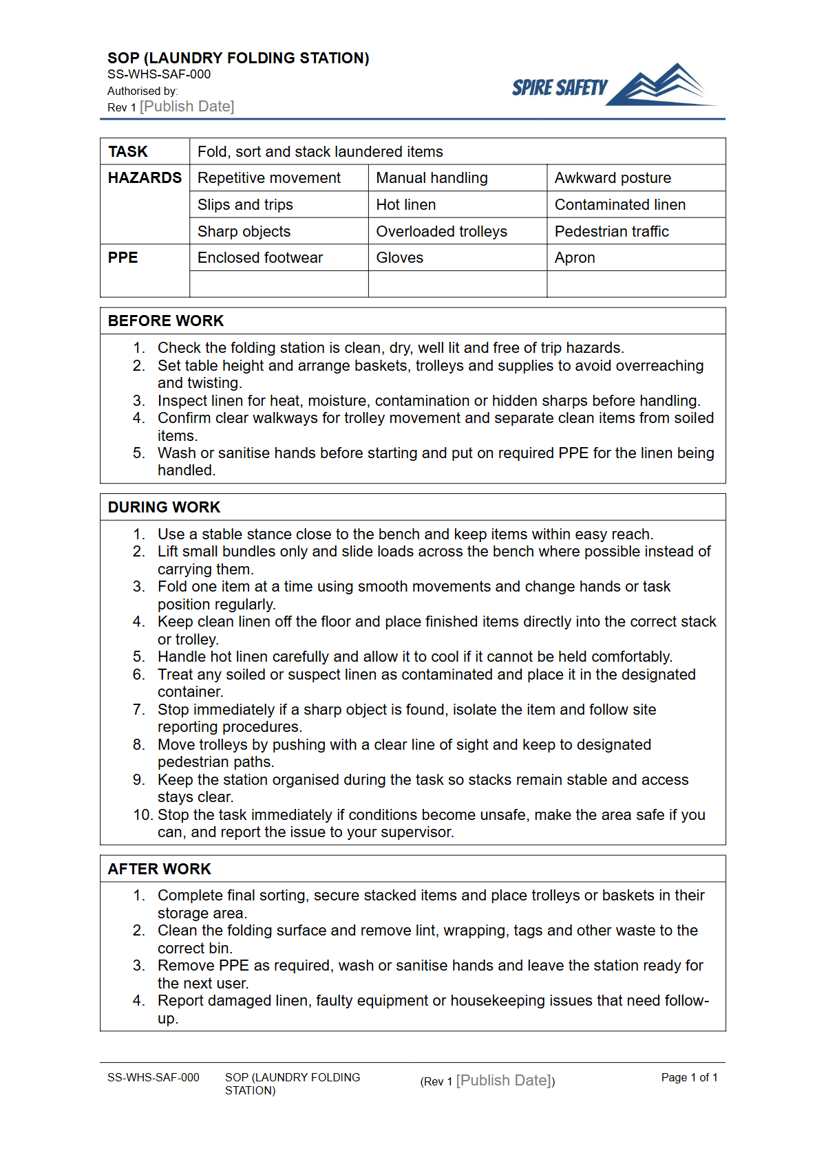 Free Safe Operating Procedure (Laundry Folding Station) Template — document preview