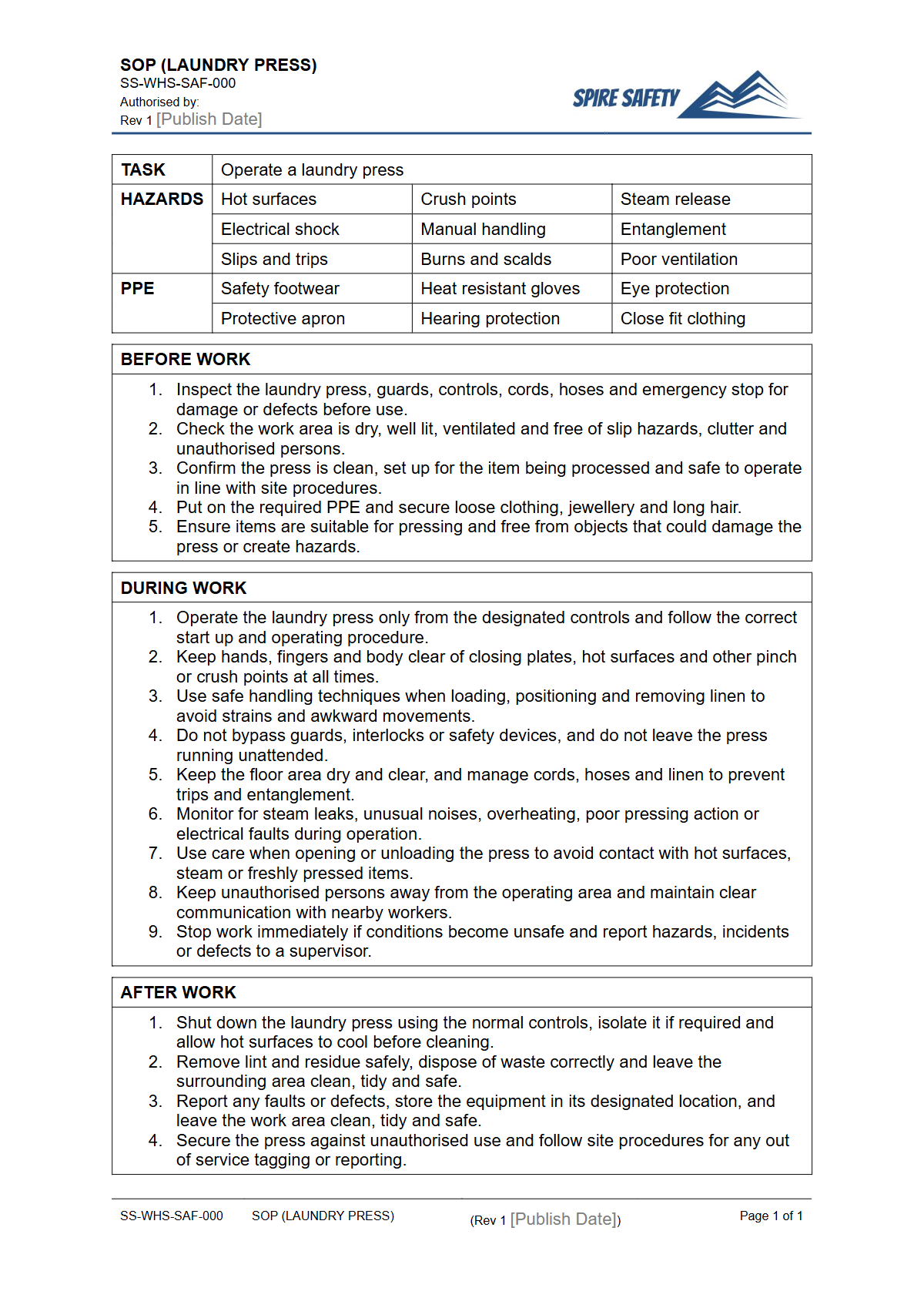 Free Safe Operating Procedure (Laundry Press) Template — document preview