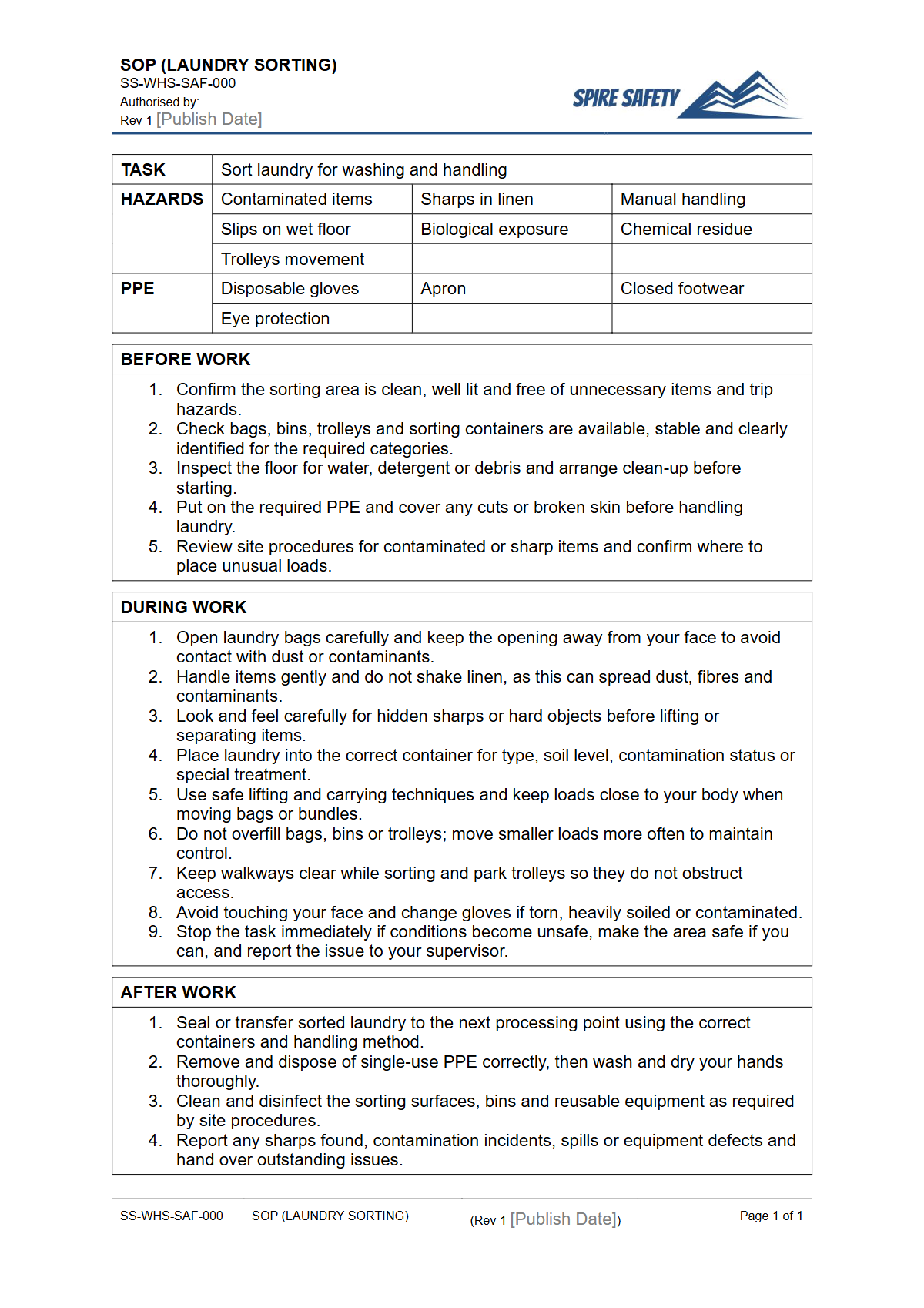 Free Safe Operating Procedure (Laundry Sorting) Template — document preview