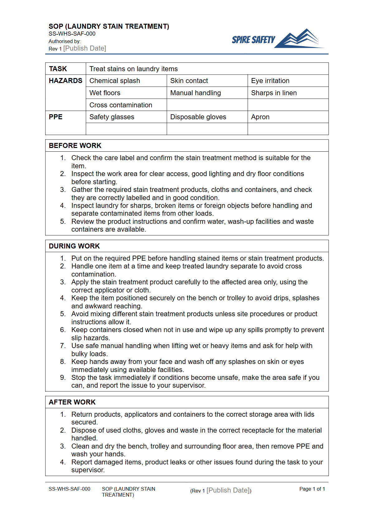 Free Safe Operating Procedure (Laundry Stain Treatment) Template — document preview
