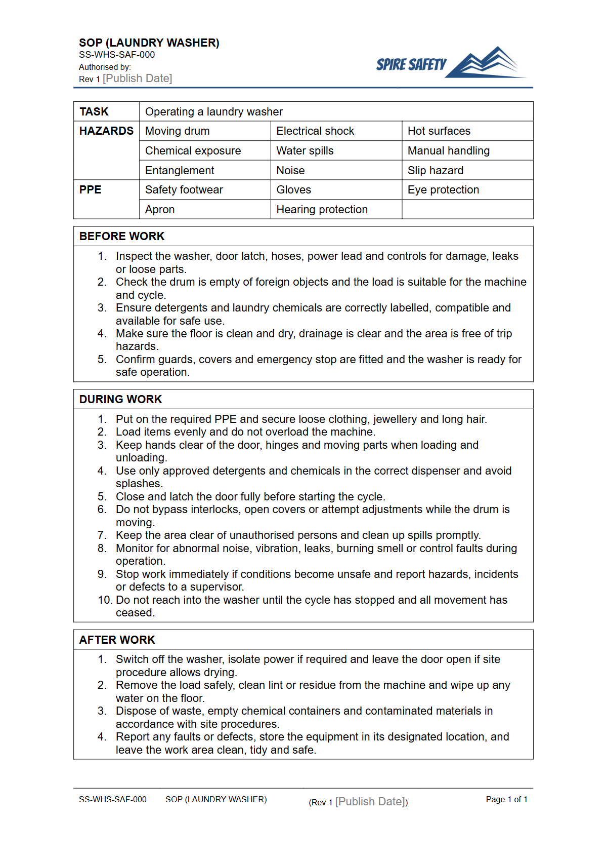 Free Safe Operating Procedure (Laundry Washer) Template — document preview