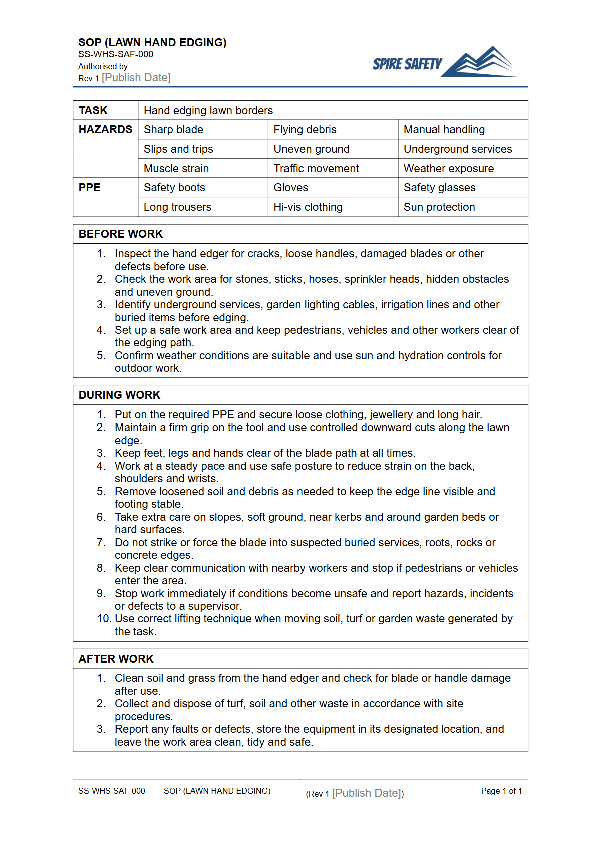 Free Safe Operating Procedure (Lawn Hand Edging) Template — document preview