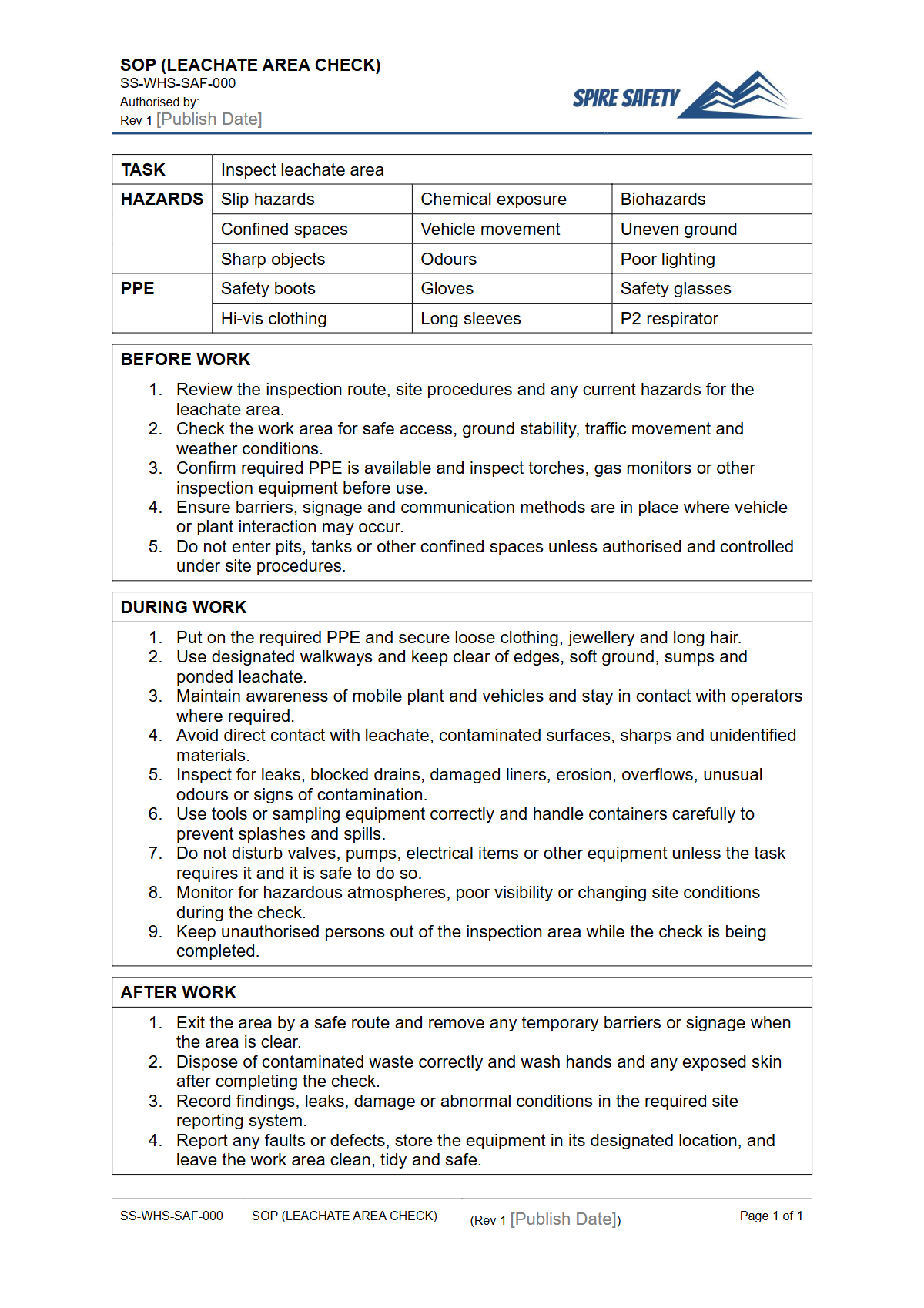 Free Safe Operating Procedure (Leachate Area Check) Template — document preview