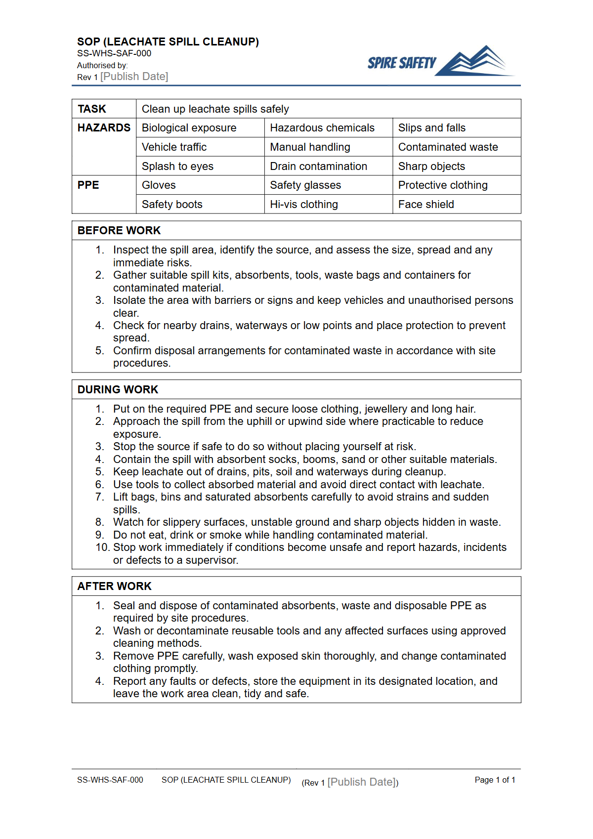 Free Safe Operating Procedure (Leachate Spill Cleanup) Template — document preview