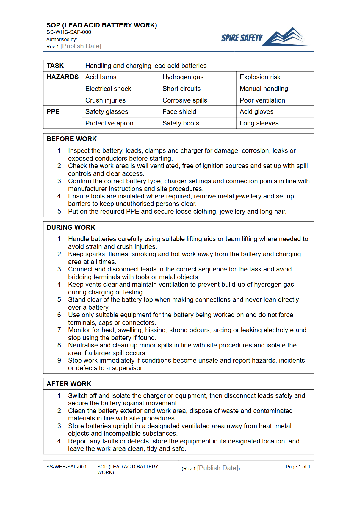 Free Safe Operating Procedure (Lead Acid Battery Work) Template — document preview
