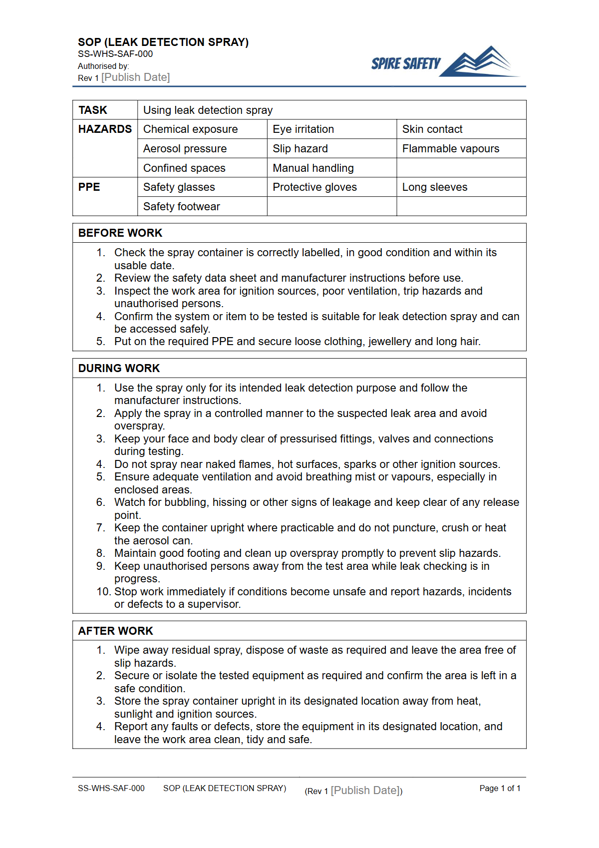 Free Safe Operating Procedure (Leak Detection Spray) Template — document preview