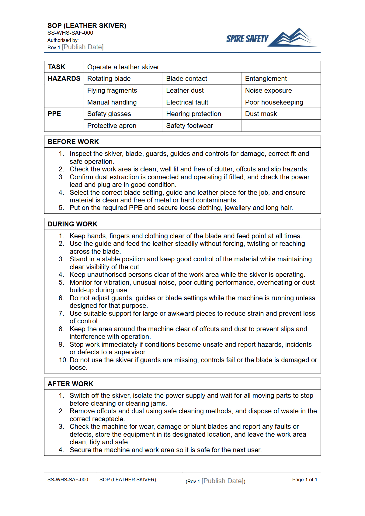 Free Safe Operating Procedure (Leather Skiver) Template — document preview