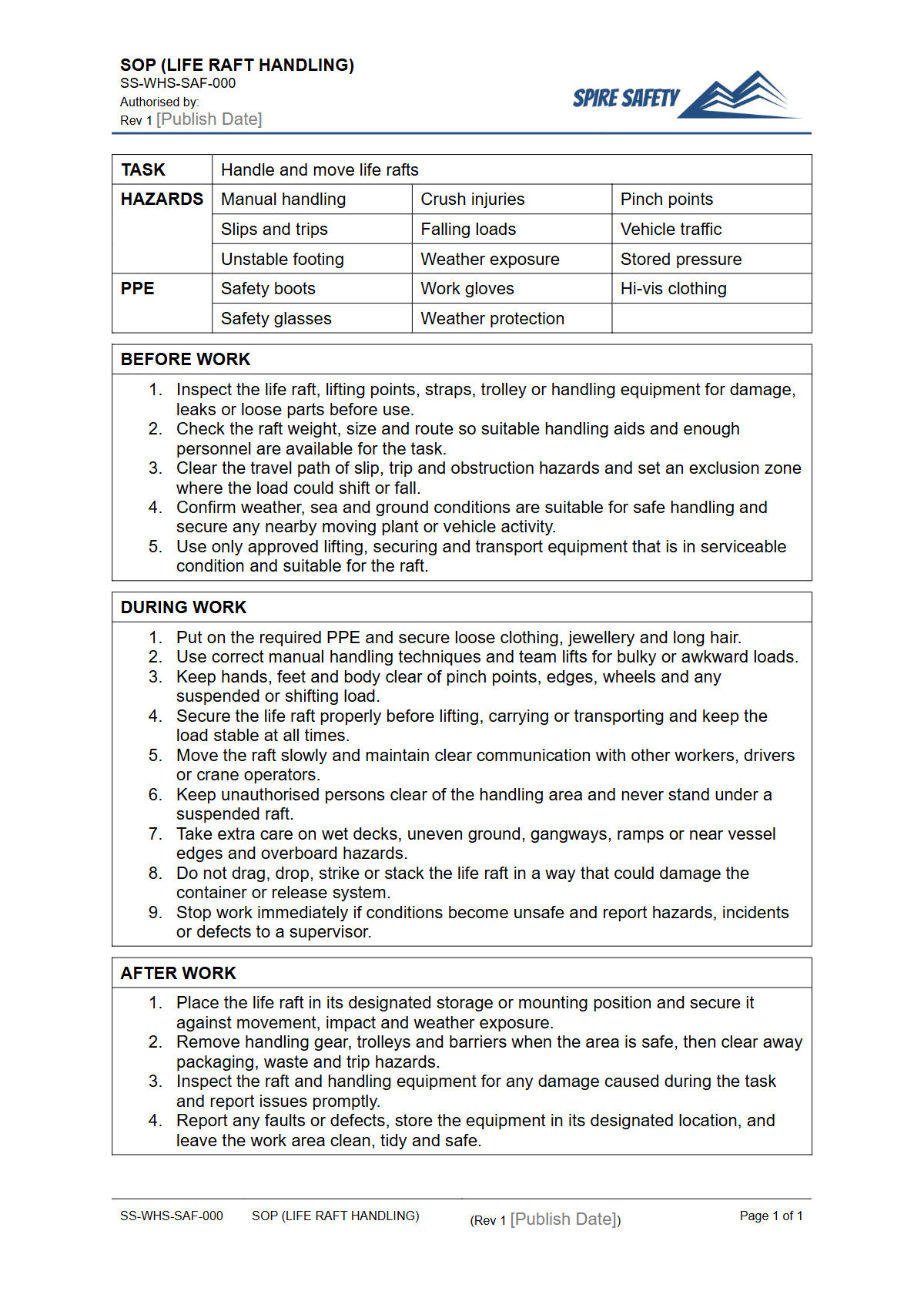 Free Safe Operating Procedure (Life Raft Handling) Template — document preview