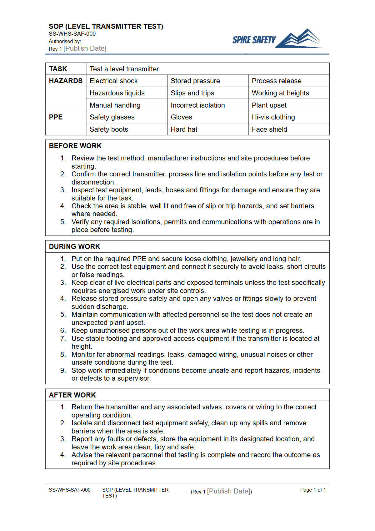 Free Safe Operating Procedure (Level Transmitter Test) Template — document preview