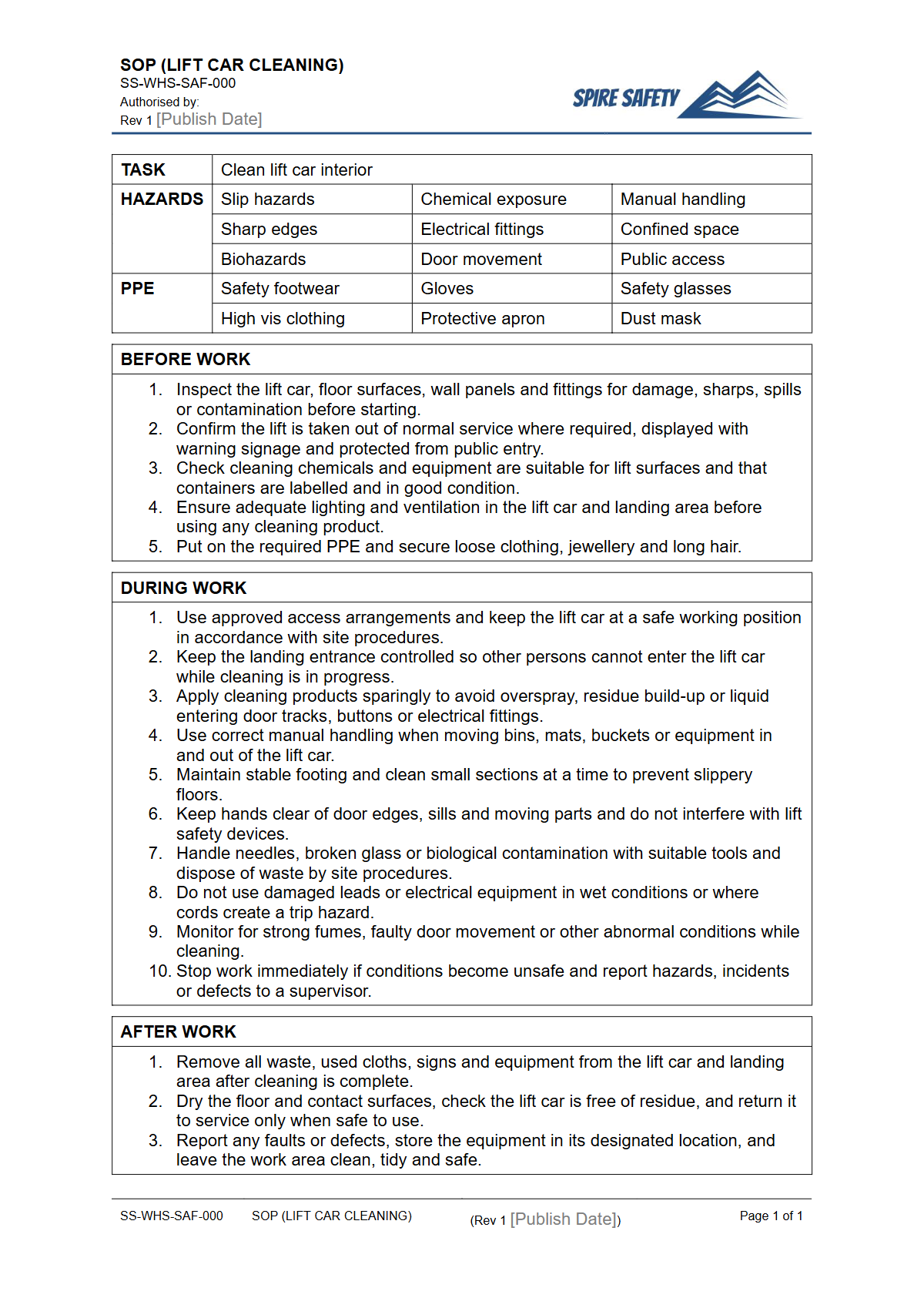 Free Safe Operating Procedure (Lift Car Cleaning) Template — document preview