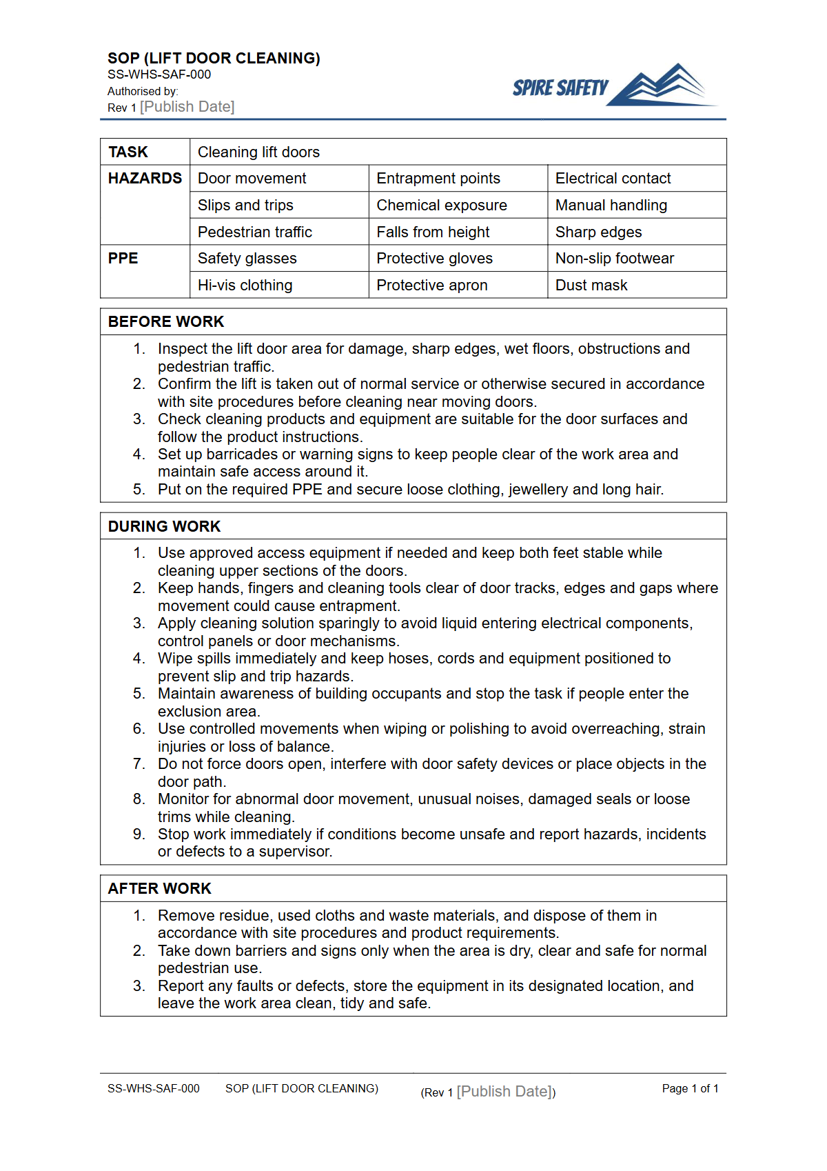 Free Safe Operating Procedure (Lift Door Cleaning) Template — document preview