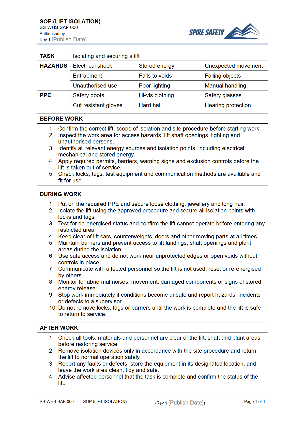 Free Safe Operating Procedure (Lift Isolation) Template — document preview