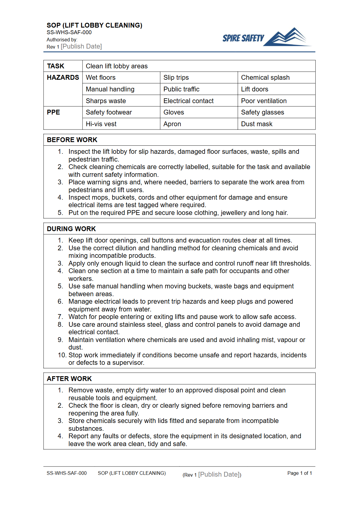 Free Safe Operating Procedure (Lift Lobby Cleaning) Template — document preview
