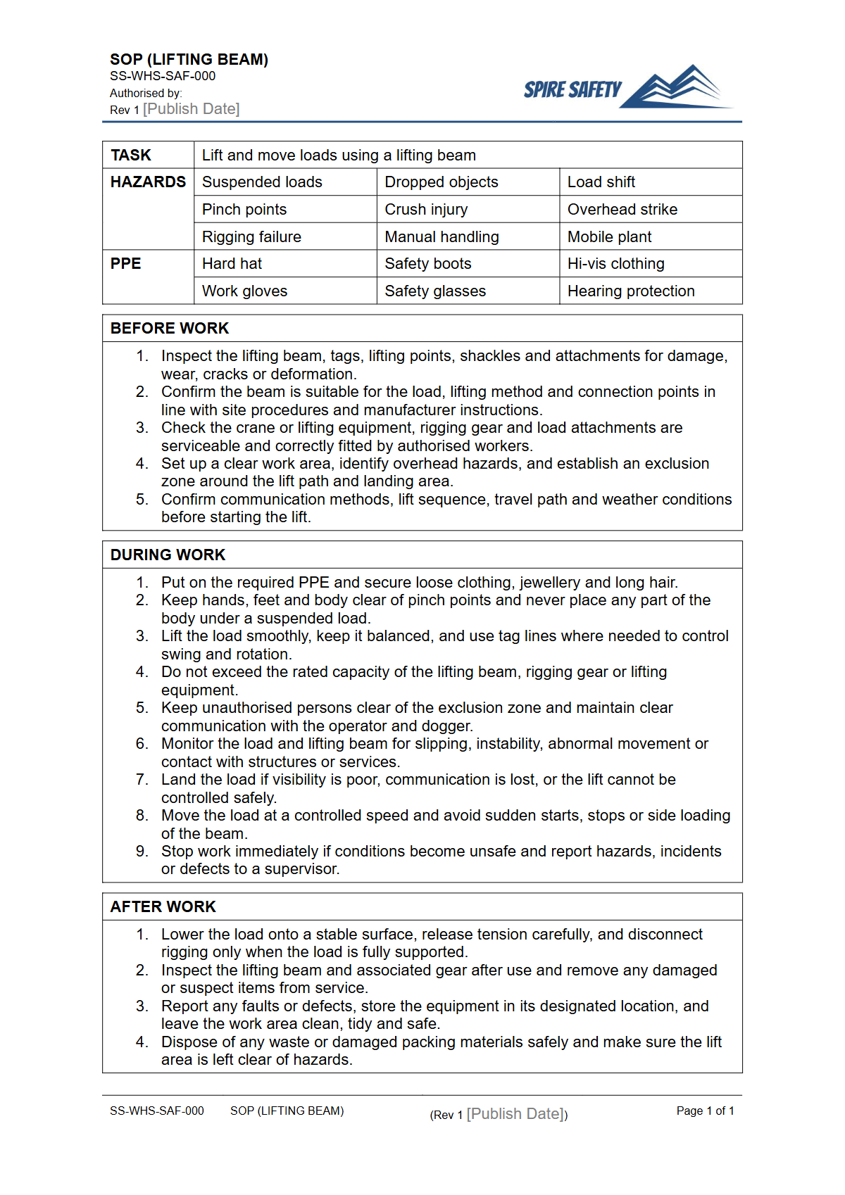 Free Safe Operating Procedure (Lifting Beam) Template — document preview