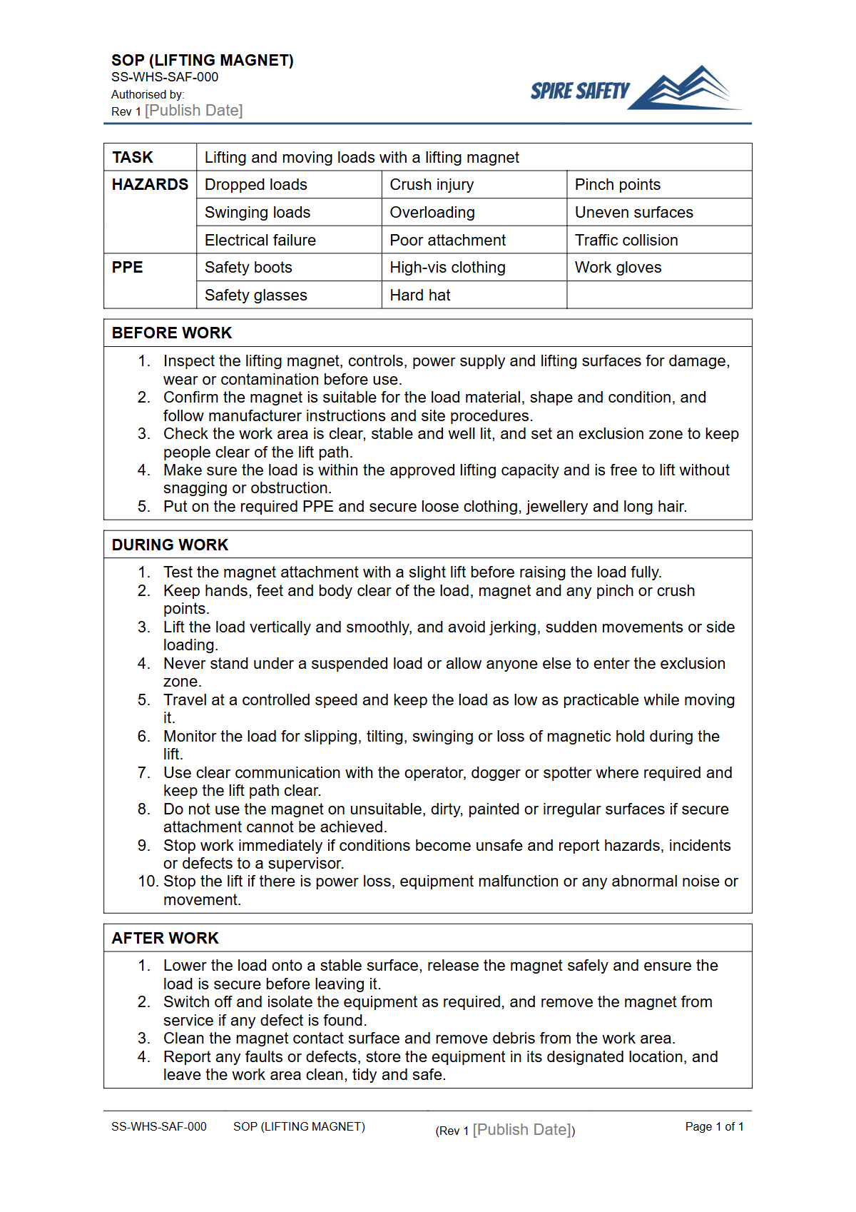 Free Safe Operating Procedure (Lifting Magnet) Template — document preview