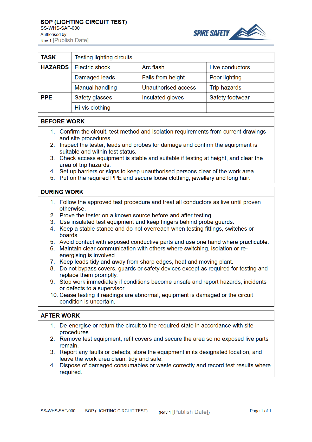 Free Safe Operating Procedure (Lighting Circuit Test) Template — document preview