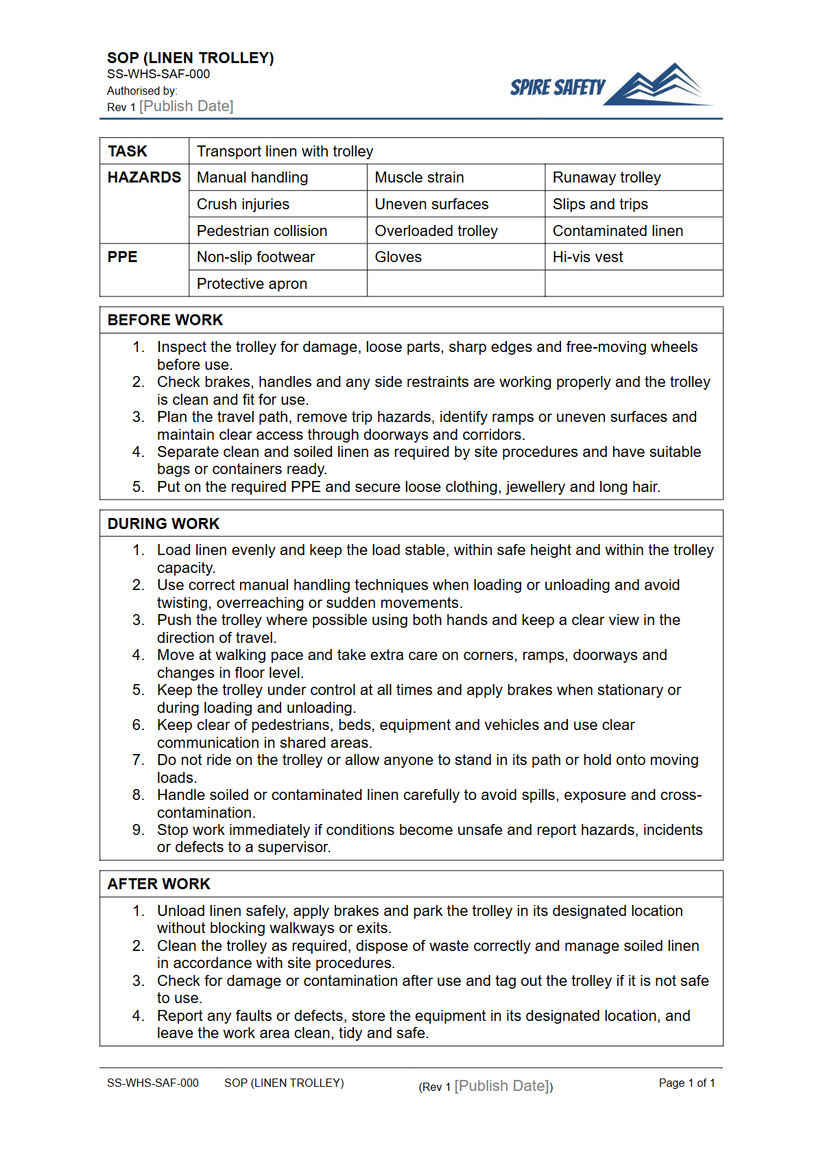Free Safe Operating Procedure (Linen Trolley) Template — document preview
