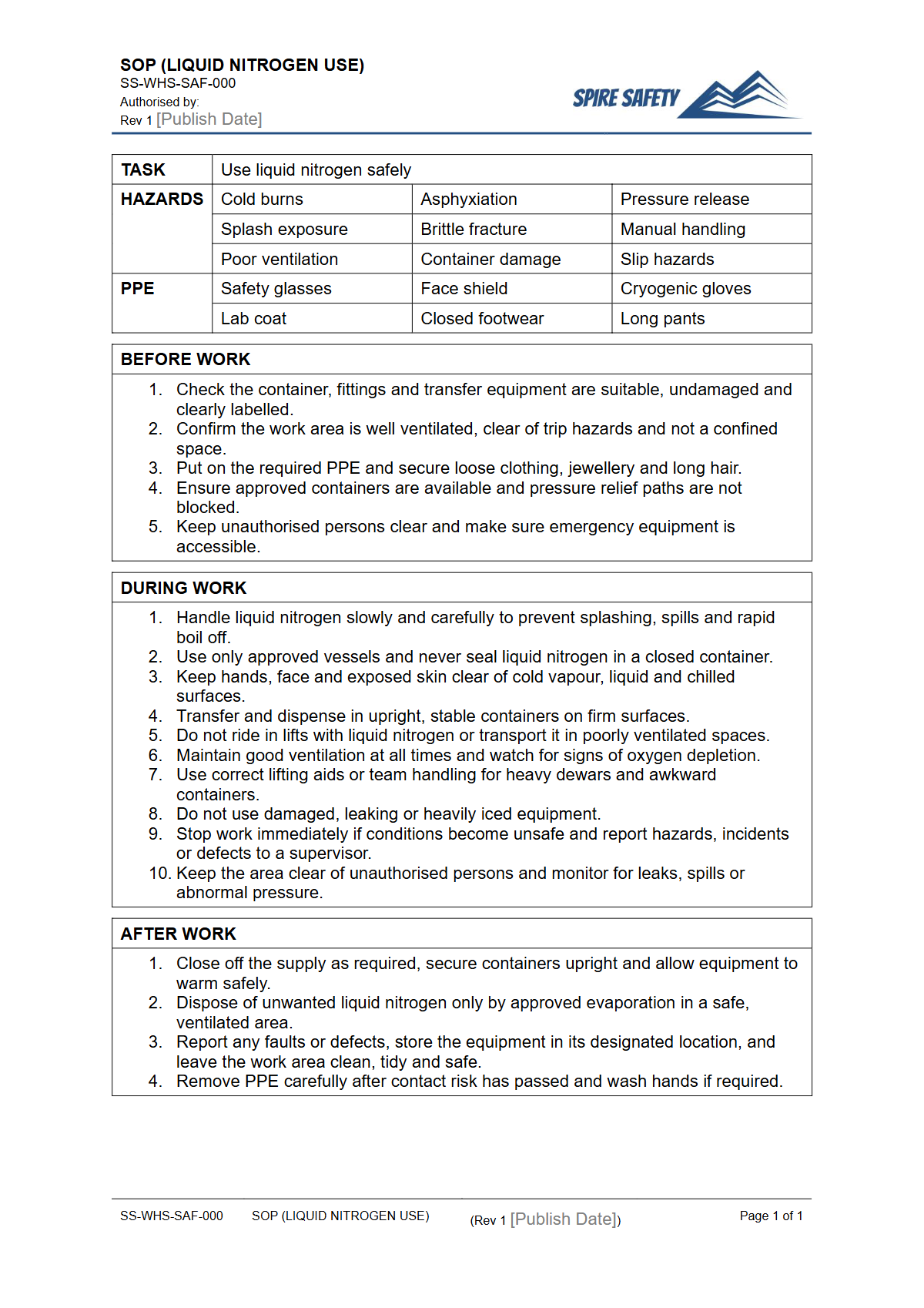 Free Safe Operating Procedure (Liquid Nitrogen Use) Template — document preview
