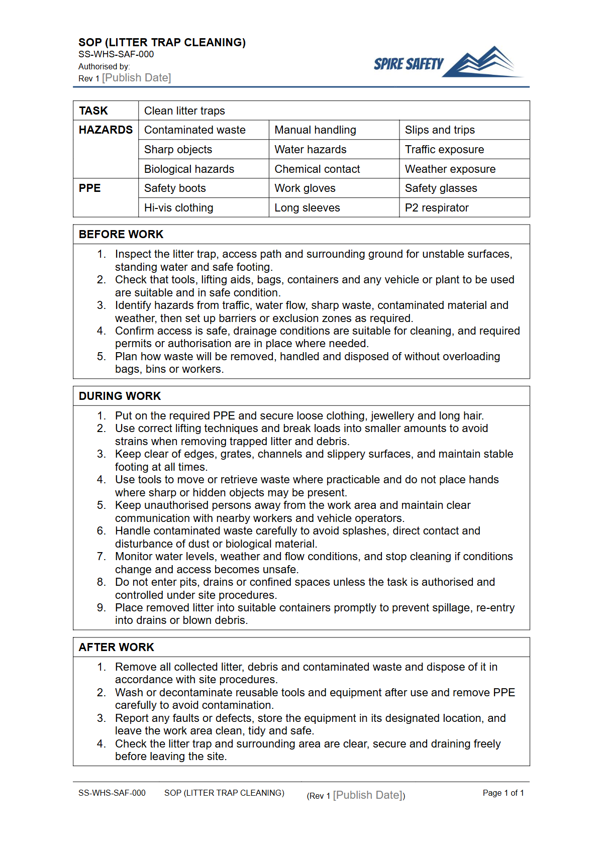 Free Safe Operating Procedure (Litter Trap Cleaning) Template — document preview