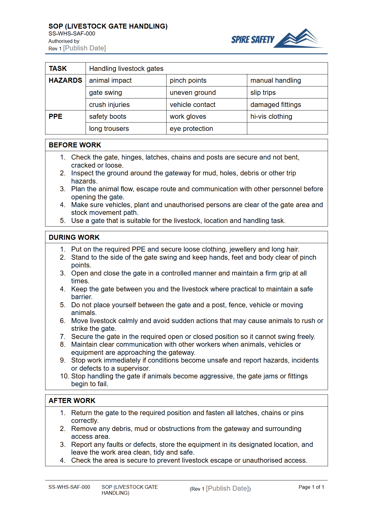 Free Safe Operating Procedure (Livestock Gate Handling) Template — document preview
