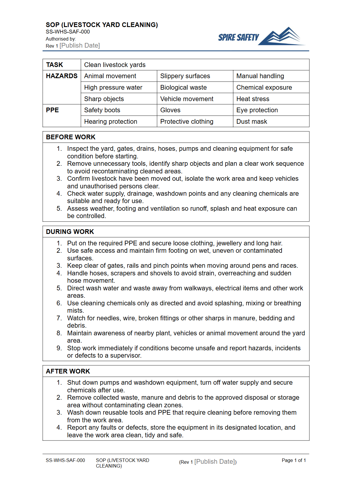 Free Safe Operating Procedure (Livestock Yard Cleaning) Template — document preview