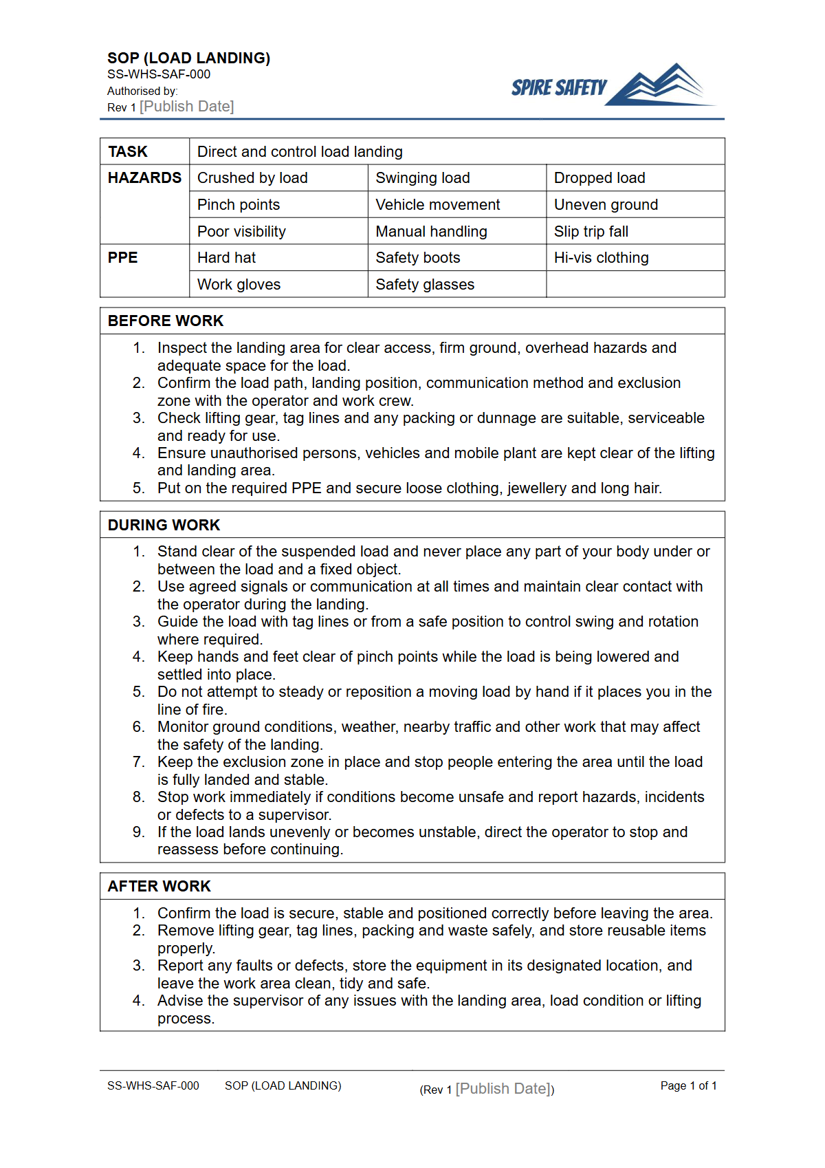 Free Safe Operating Procedure (Load Landing) Template — document preview