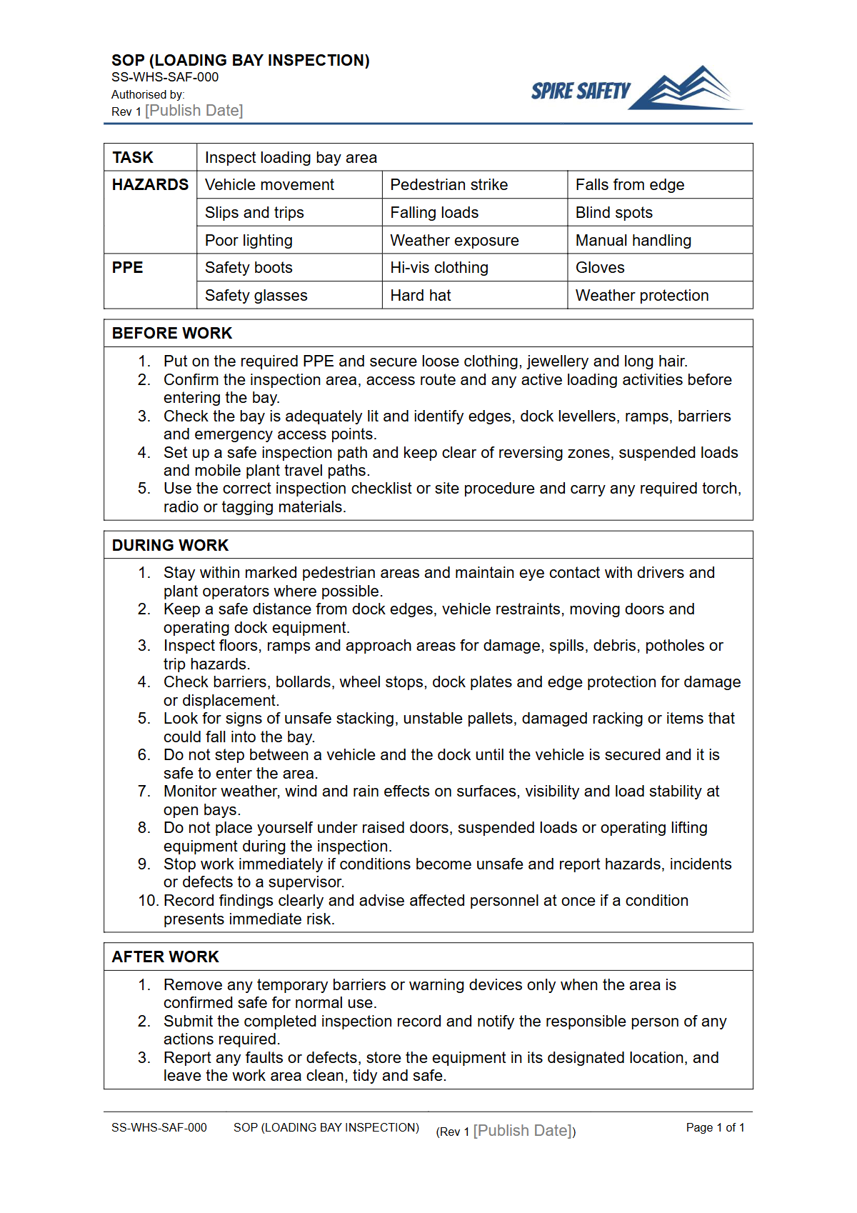 Free Safe Operating Procedure (Loading Bay Inspection) Template — document preview