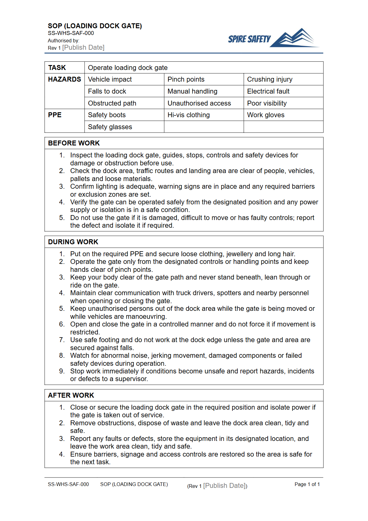 Free Safe Operating Procedure (Loading Dock Gate) Template — document preview