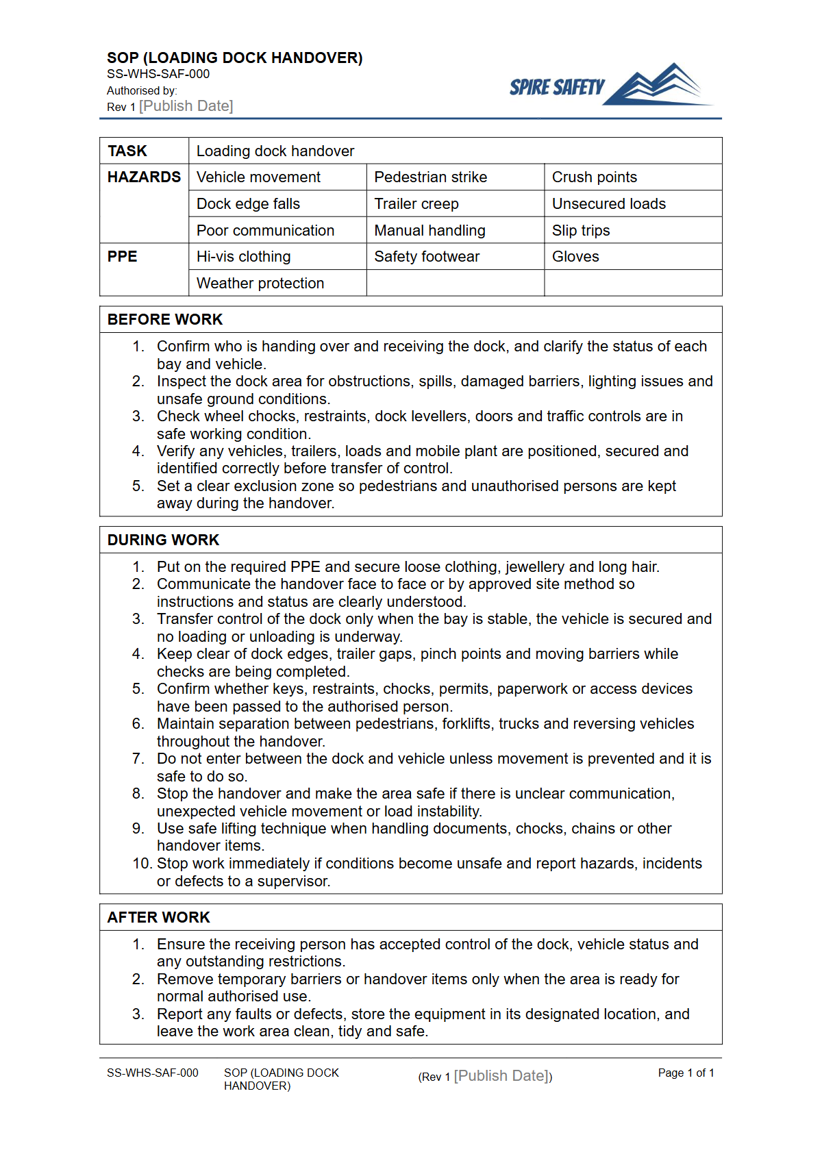 Free Safe Operating Procedure (Loading Dock Handover) Template — document preview