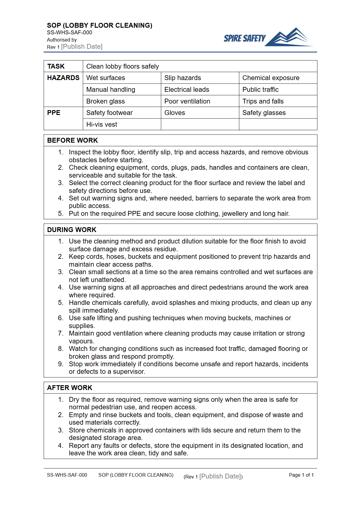 Free Safe Operating Procedure (Lobby Floor Cleaning) Template — document preview