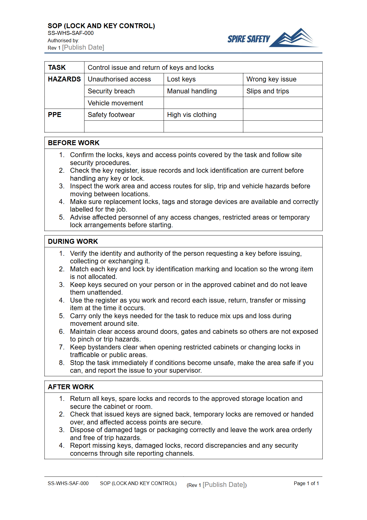 Free Safe Operating Procedure (Lock and Key Control) Template — document preview