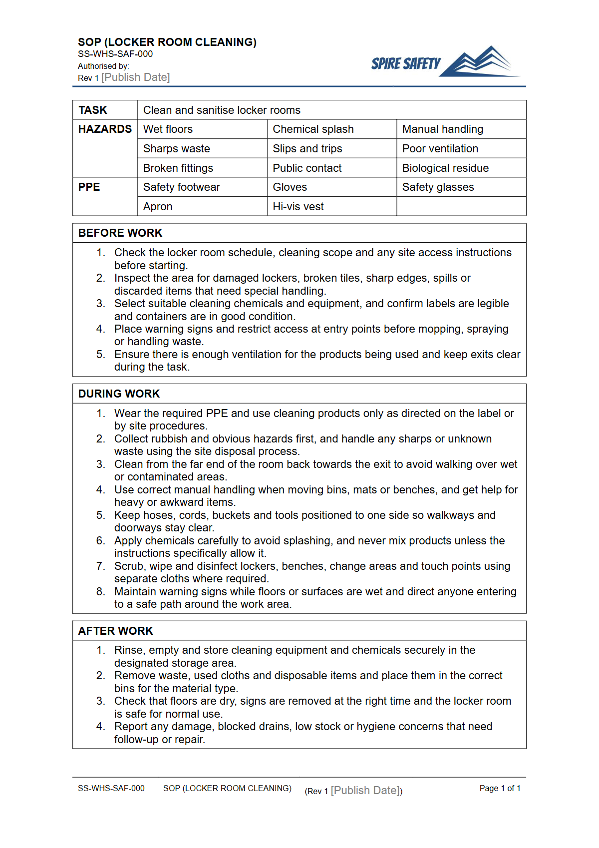 Free Safe Operating Procedure (Locker Room Cleaning) Template — document preview