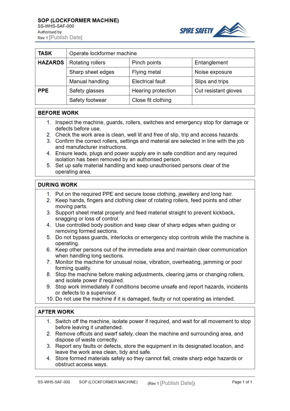 Free Safe Operating Procedure (Lockformer Machine) Template — document preview