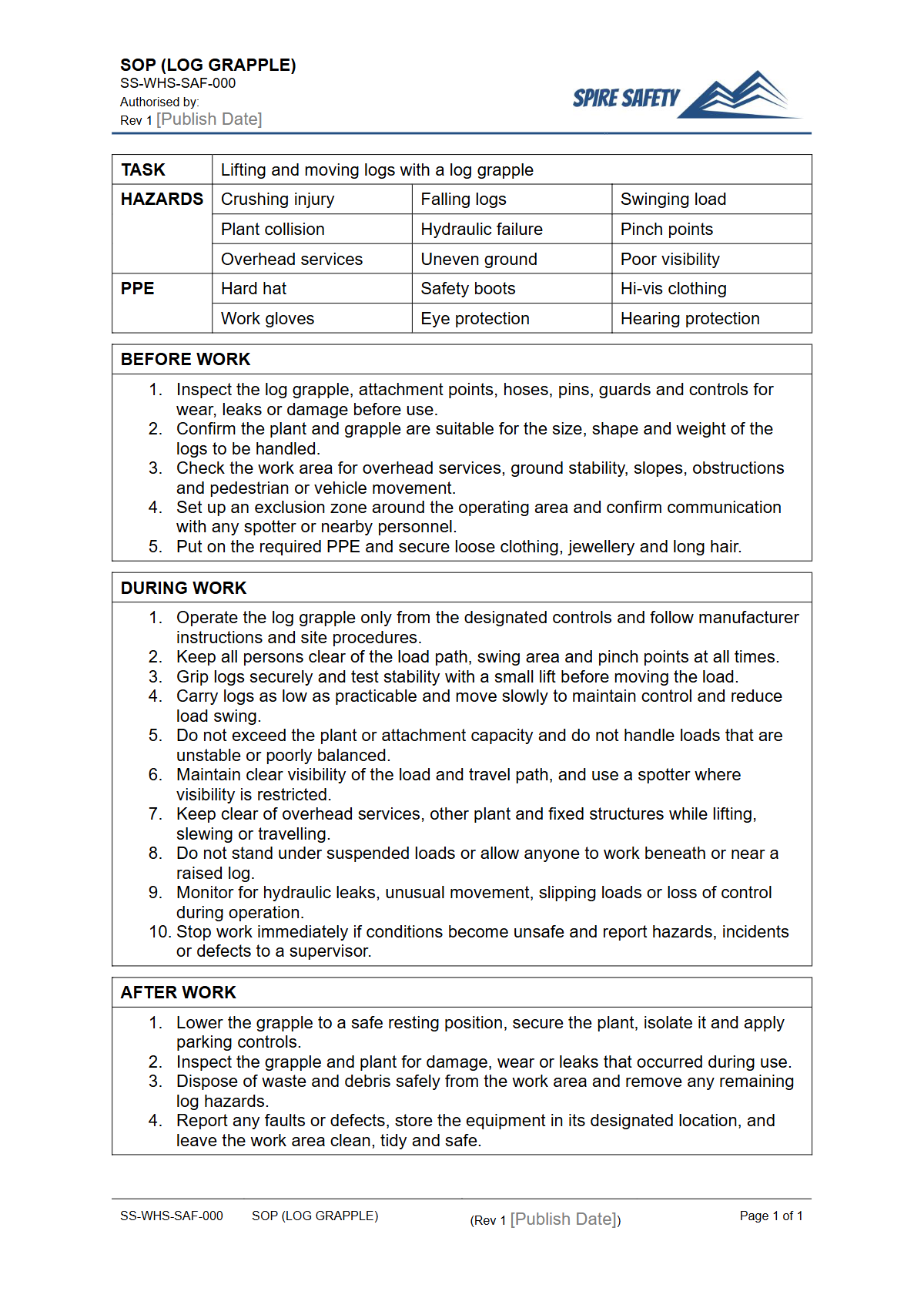 Free Safe Operating Procedure (Log Grapple) Template — document preview