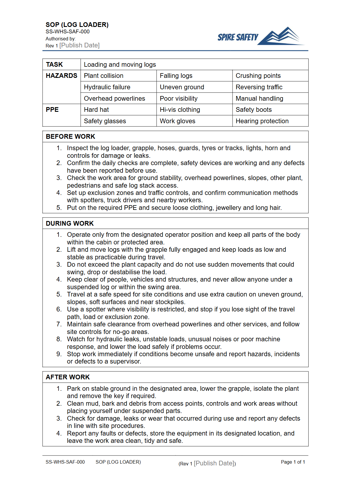 Free Safe Operating Procedure (Log Loader) Template — document preview