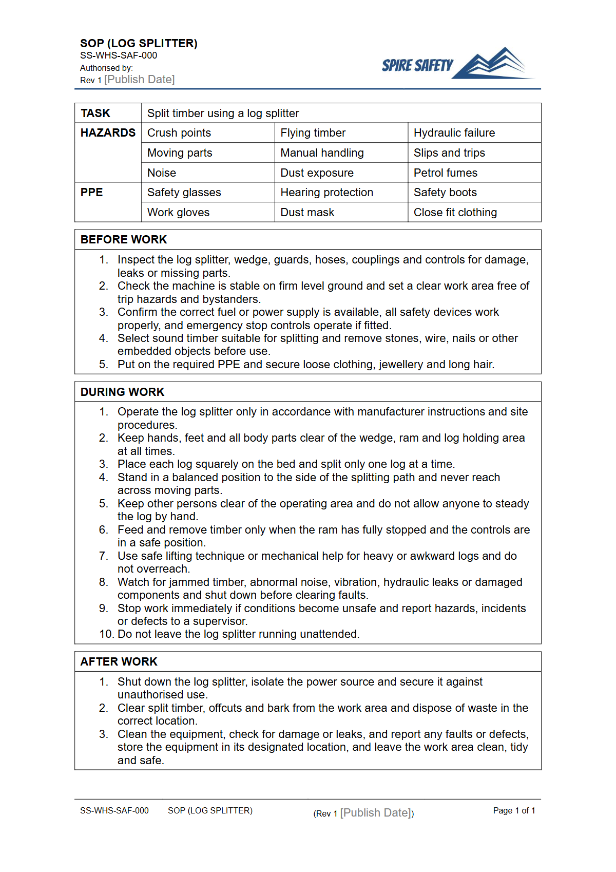 Free Safe Operating Procedure (Log Splitter) Template — document preview