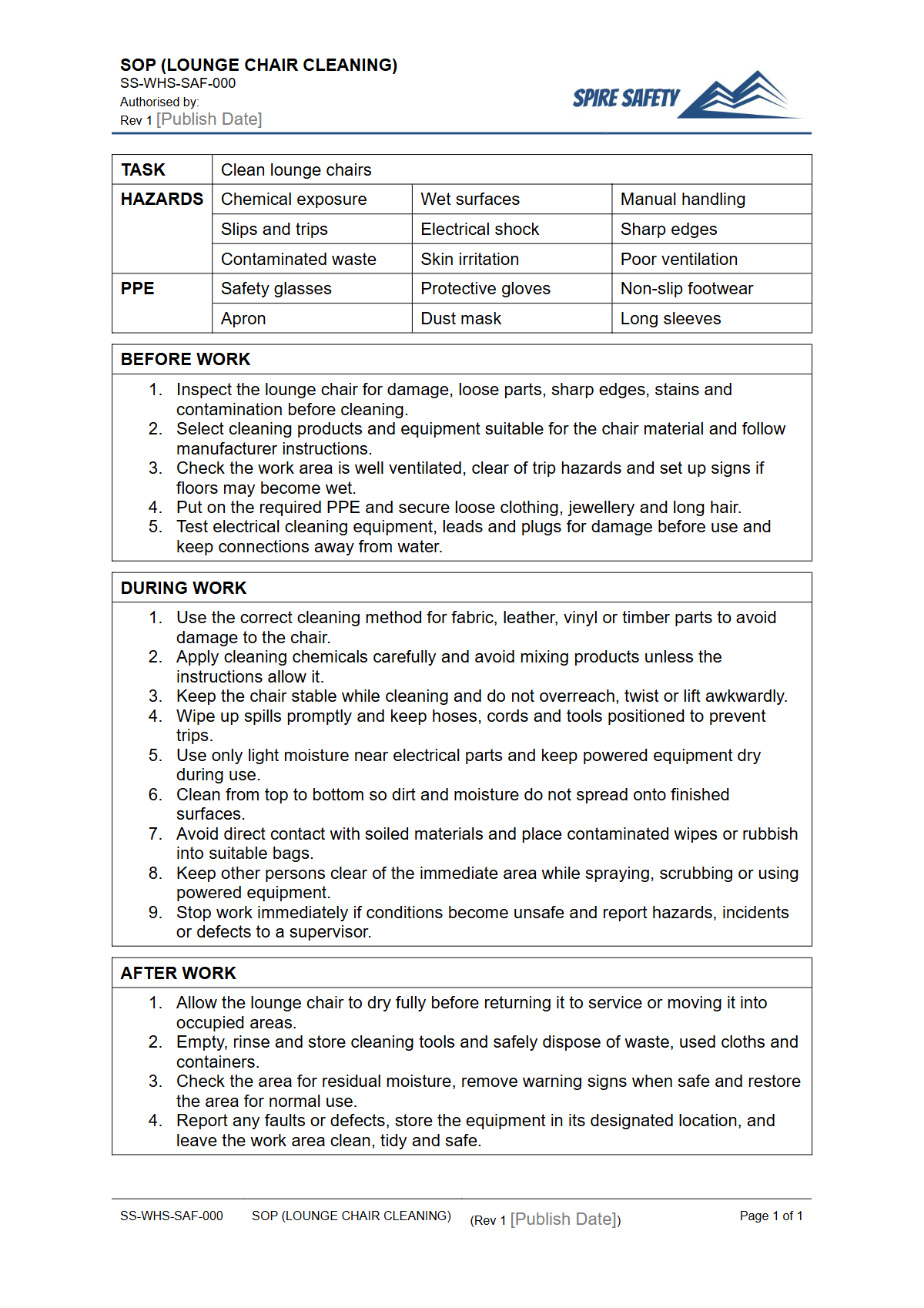 Free Safe Operating Procedure (Lounge Chair Cleaning) Template — document preview