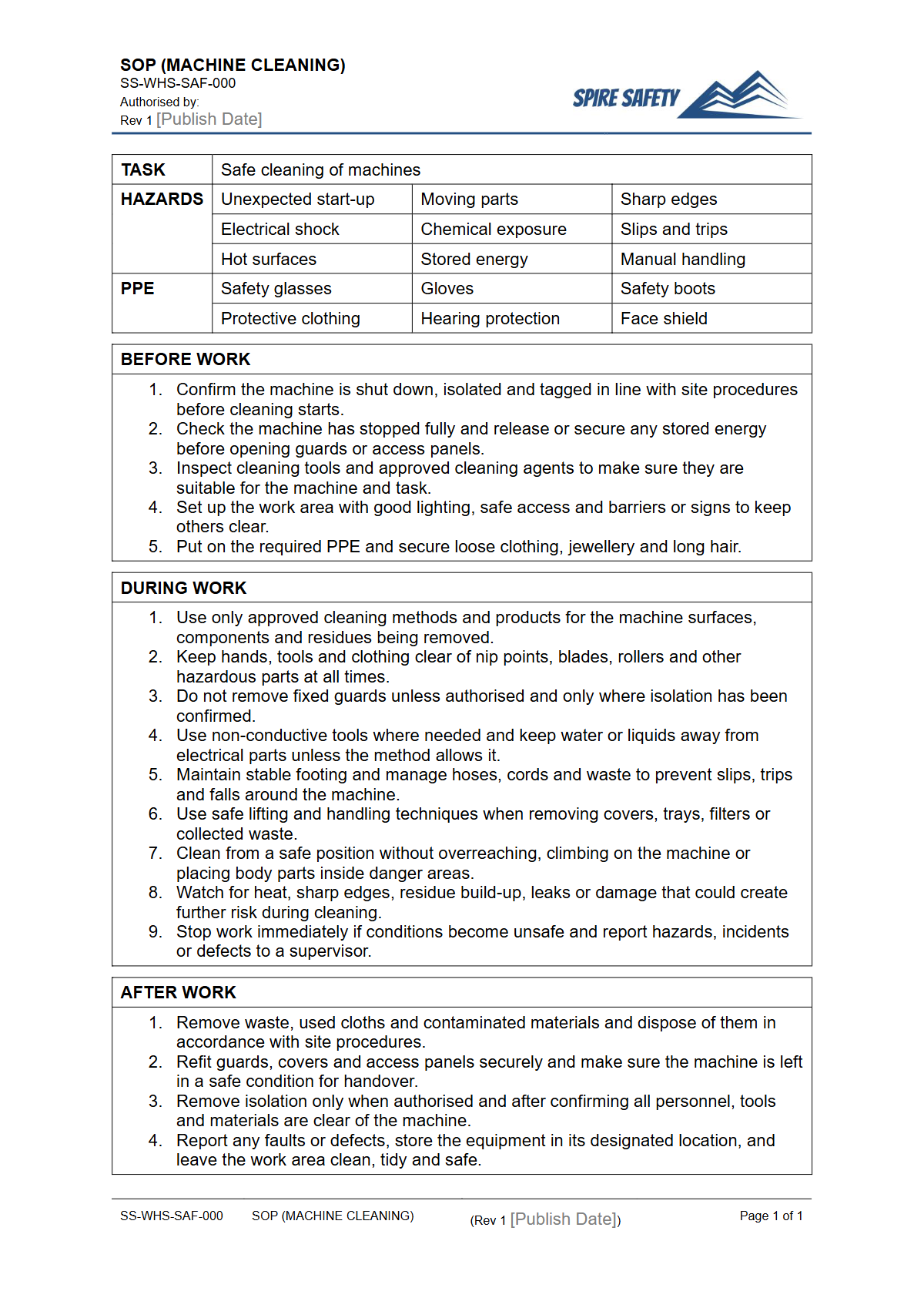 Free Safe Operating Procedure (Machine Cleaning) Template — document preview