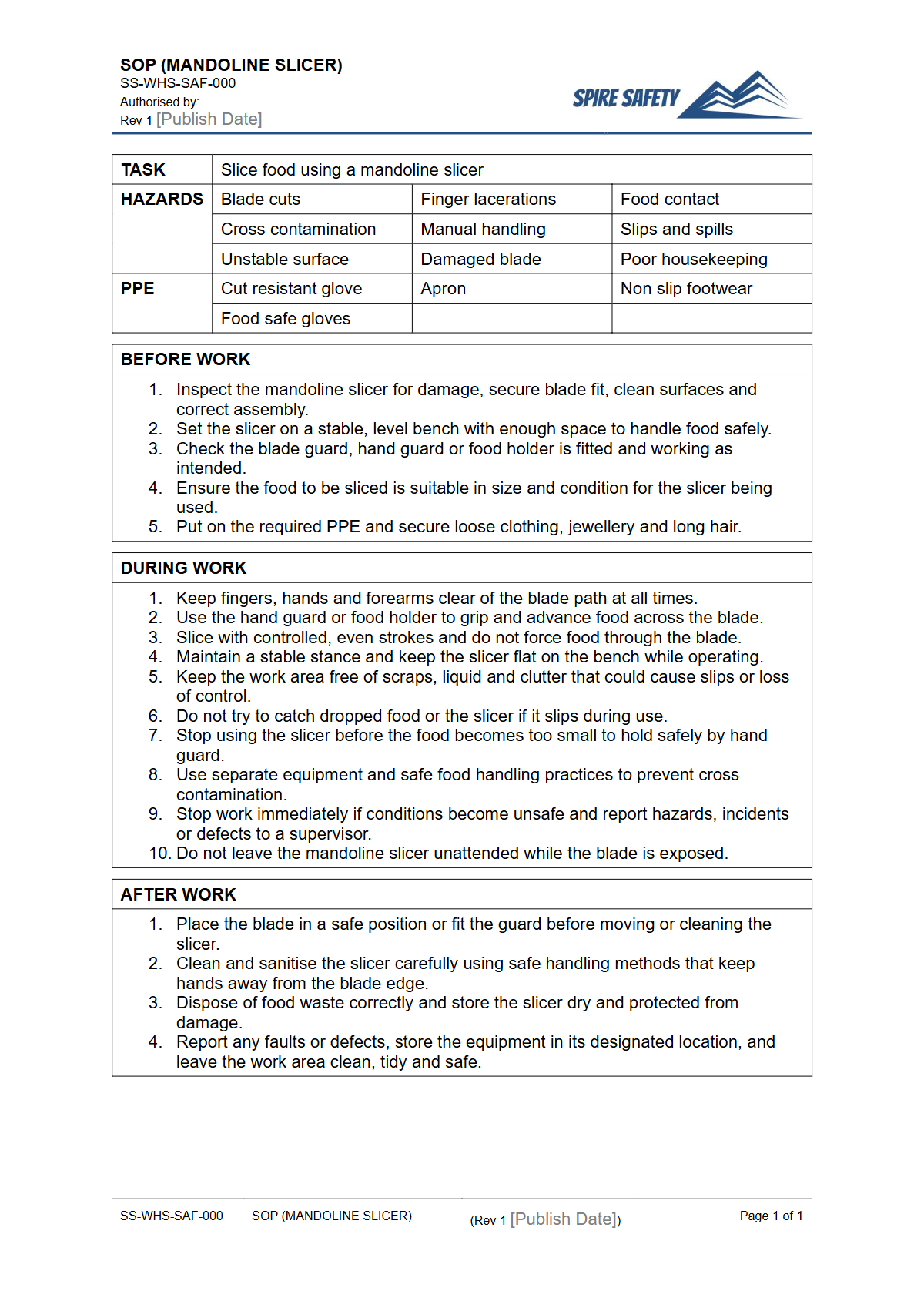 Free Safe Operating Procedure (Mandoline Slicer) Template — document preview