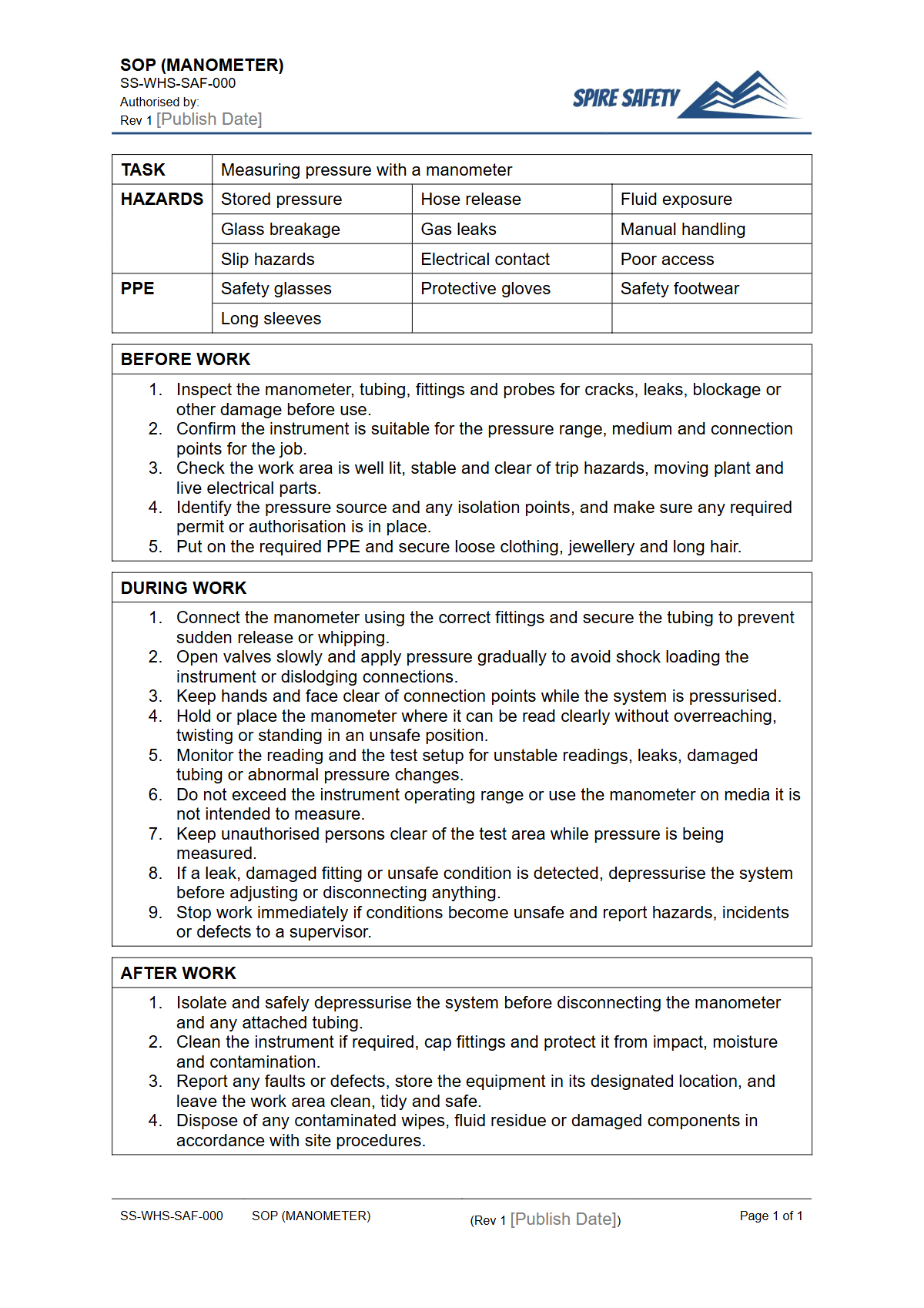 Free Safe Operating Procedure (Manometer) Template — document preview