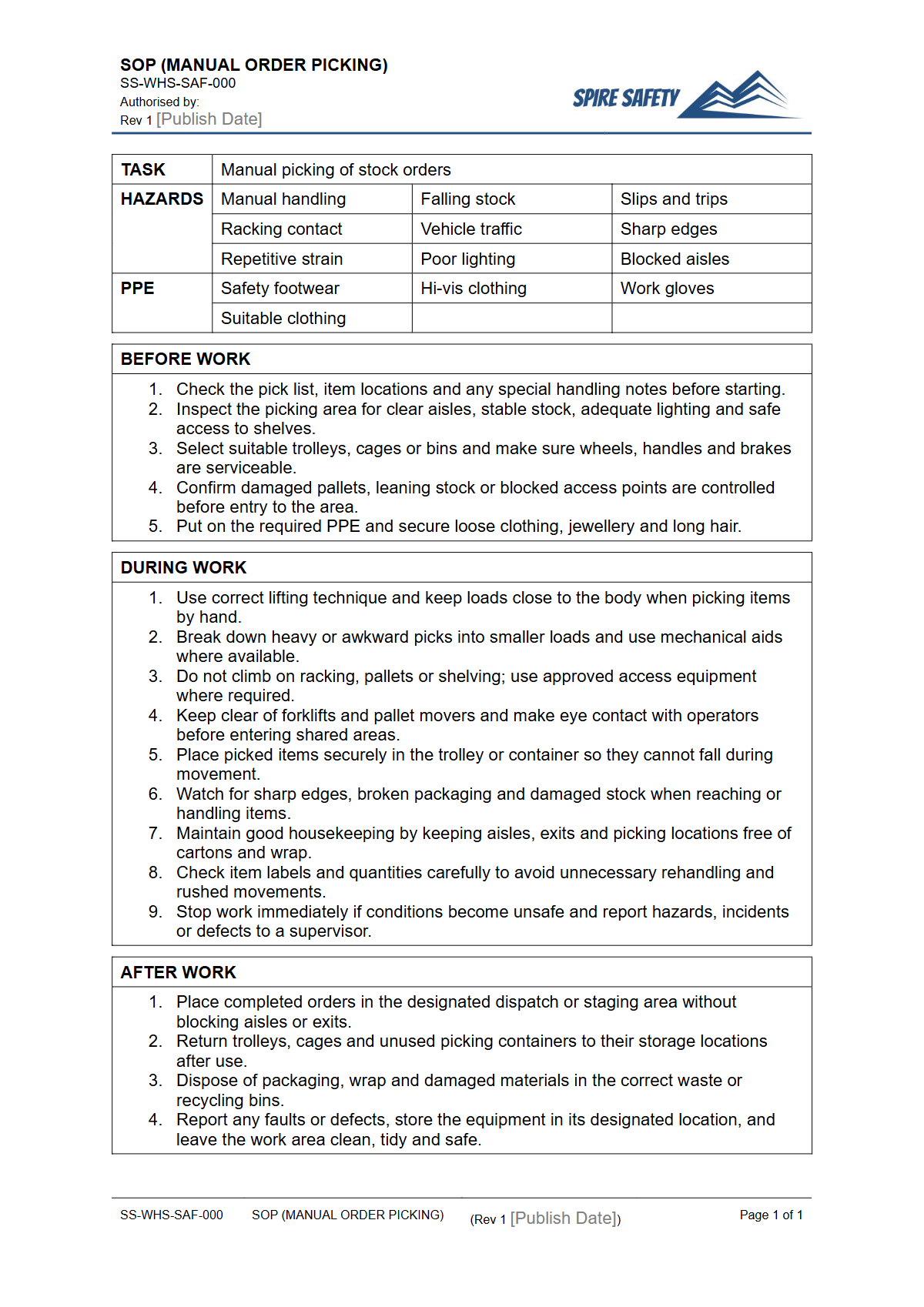 Free Safe Operating Procedure (Manual Order Picking) Template — document preview