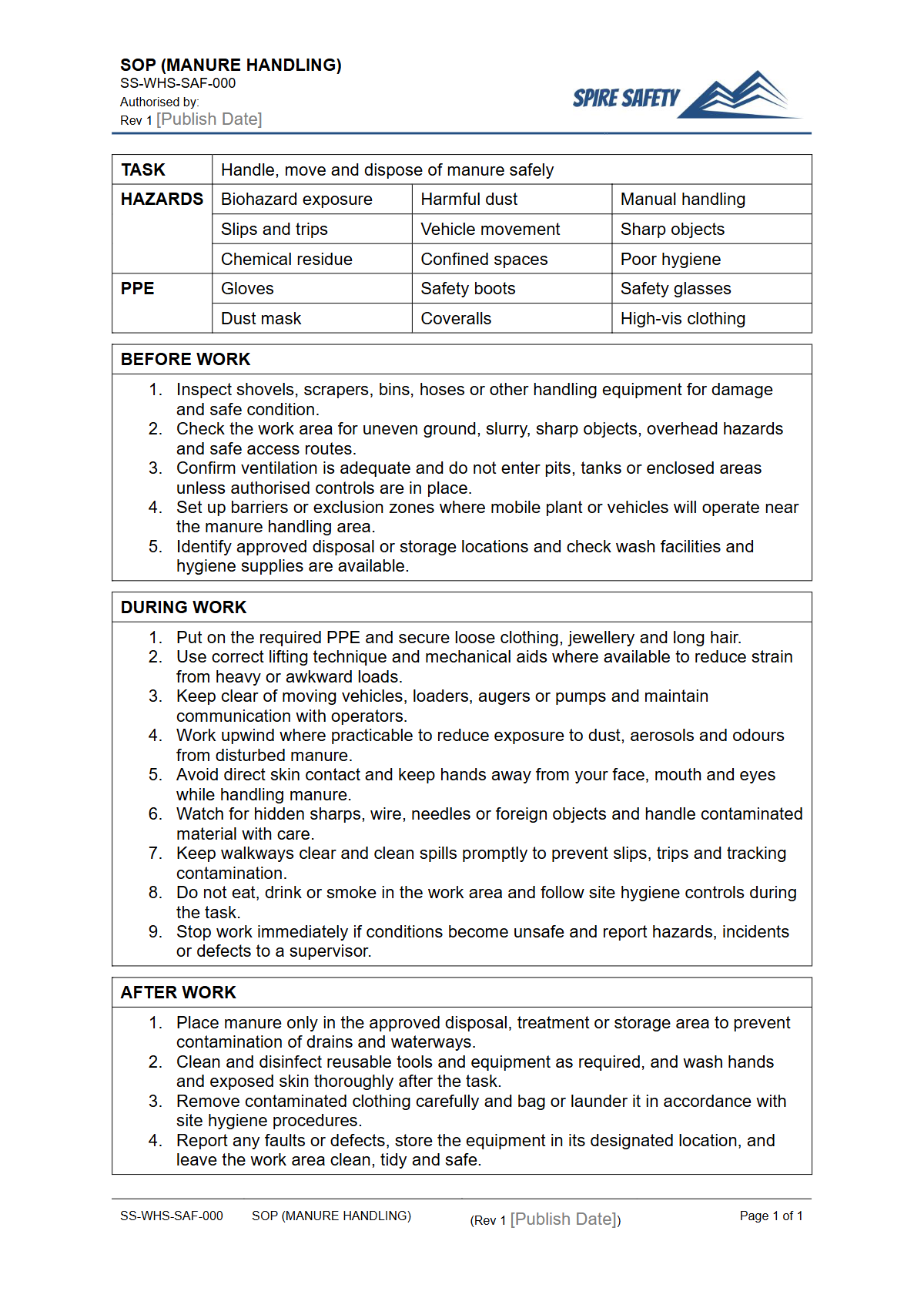 Free Safe Operating Procedure (Manure Handling) Template — document preview