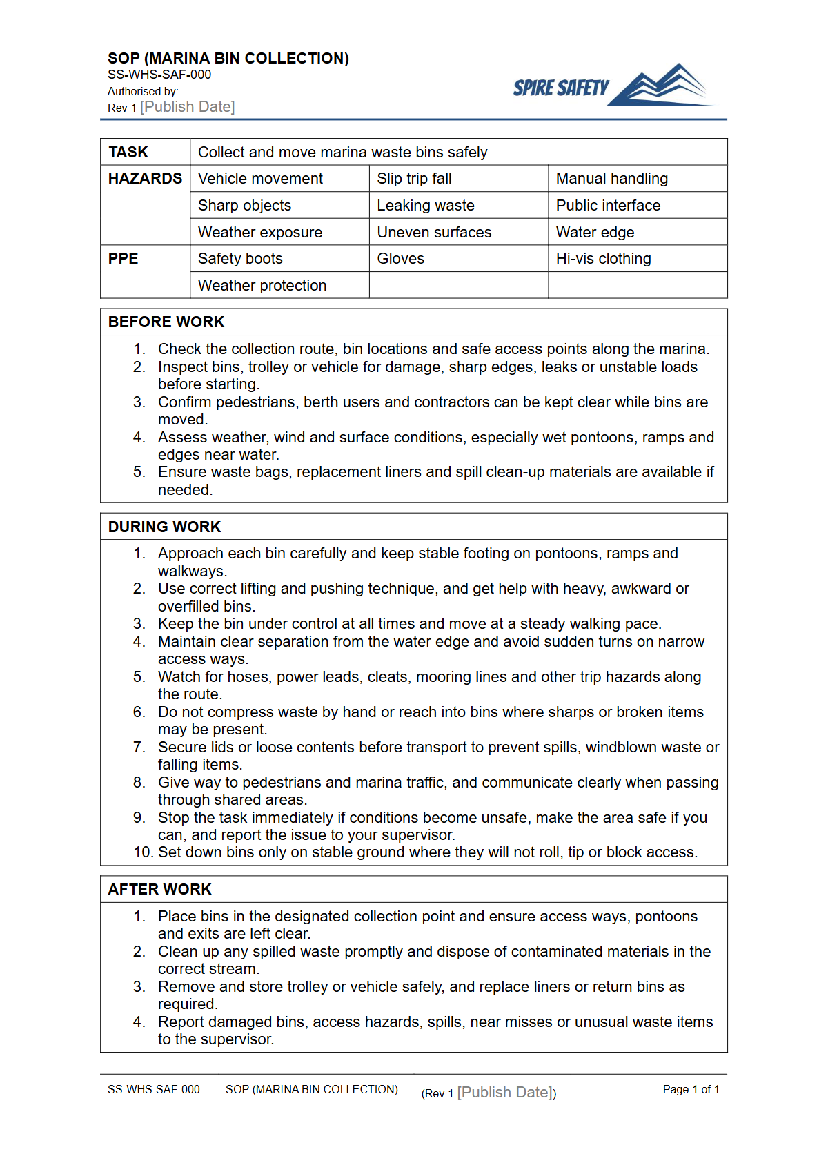 Free Safe Operating Procedure (Marina Bin Collection) Template — document preview