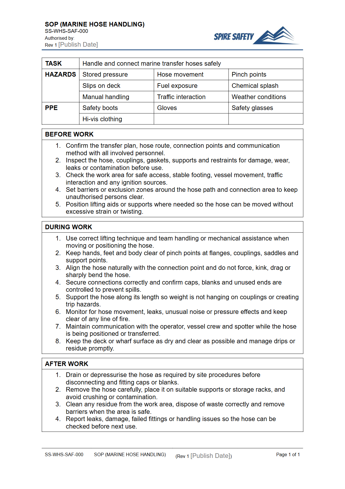 Free Safe Operating Procedure (Marine Hose Handling) Template — document preview