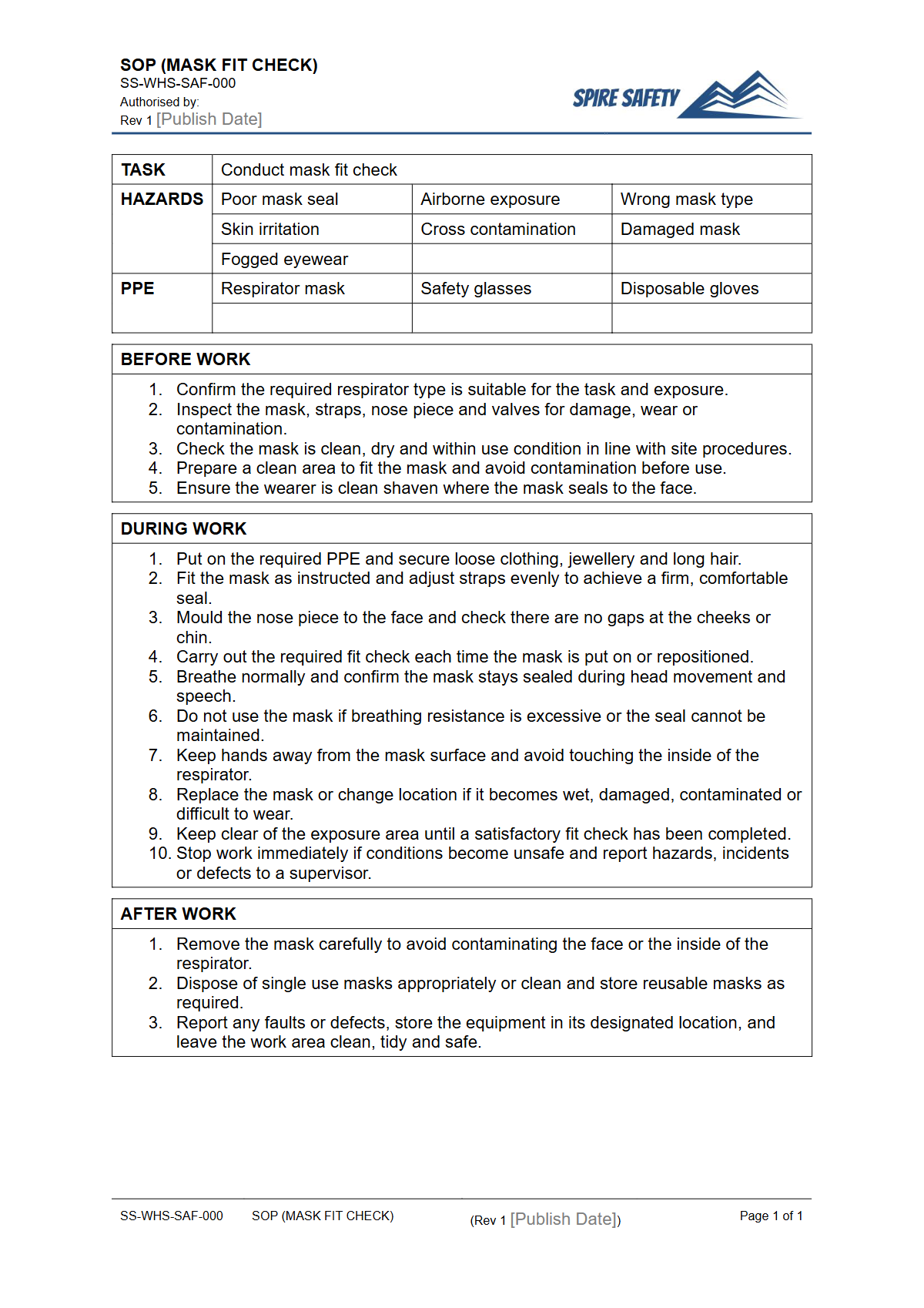 Free Safe Operating Procedure (Mask Fit Check) Template — document preview