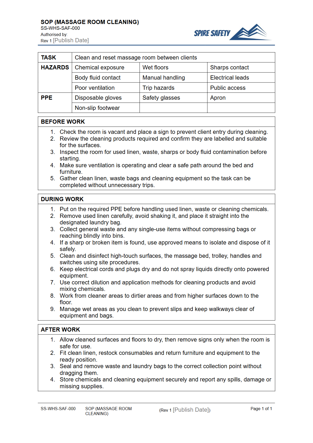 Free Safe Operating Procedure (Massage Room Cleaning) Template — document preview