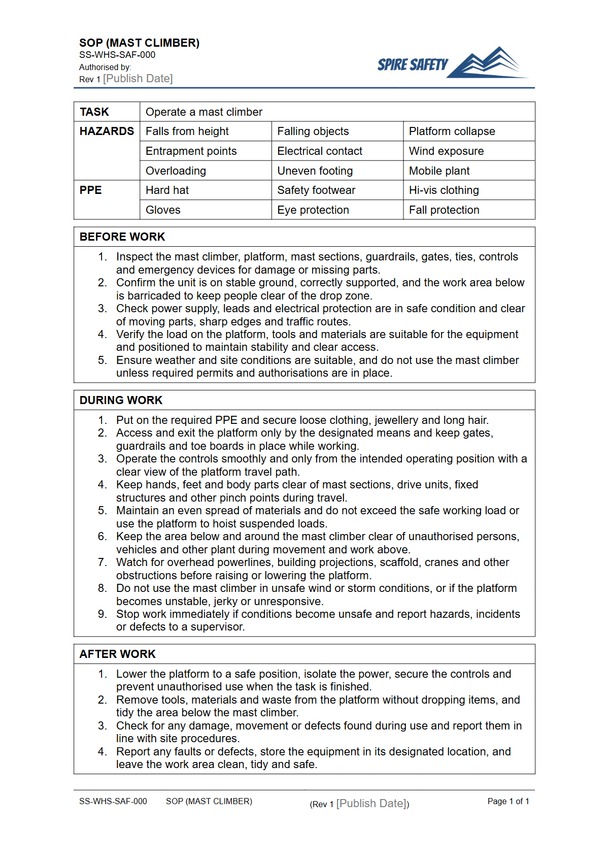 Free Safe Operating Procedure (Mast Climber) Template — document preview