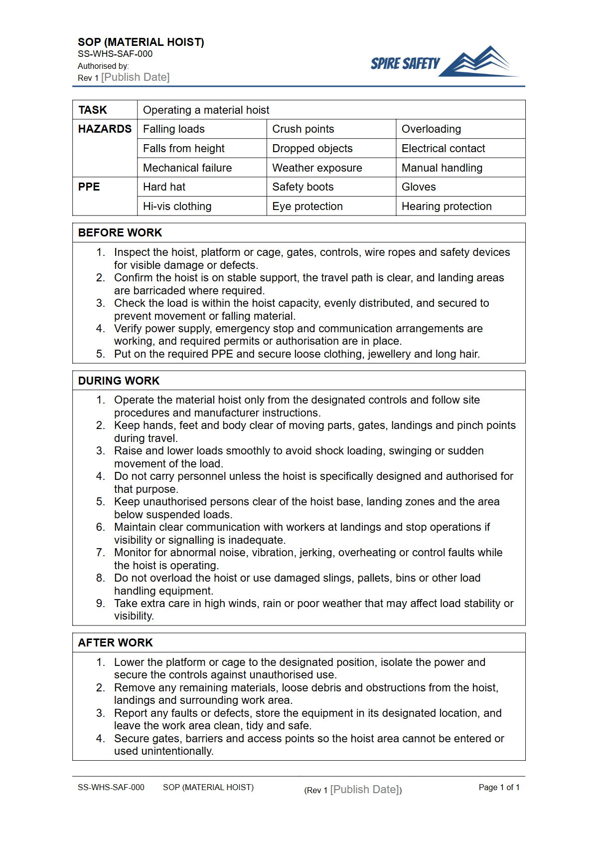 Free Safe Operating Procedure (Material Hoist) Template — document preview