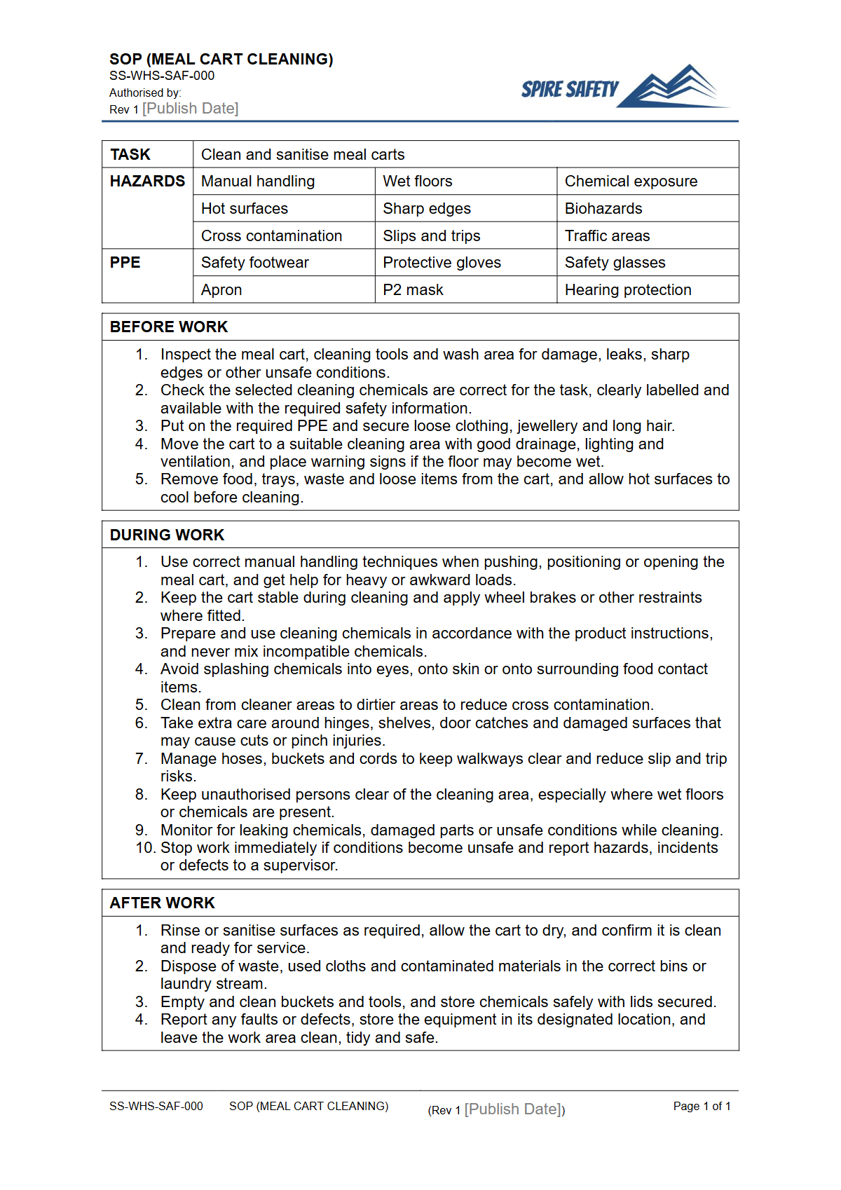 Free Safe Operating Procedure (Meal Cart Cleaning) Template — document preview
