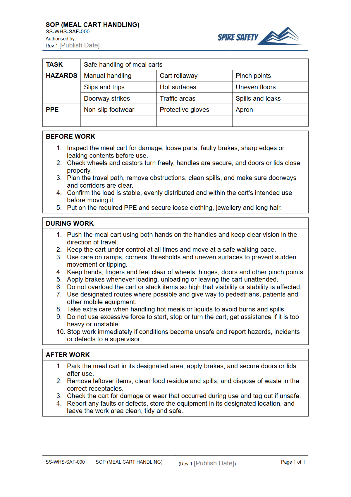 Free Safe Operating Procedure (Meal Cart Handling) Template — document preview